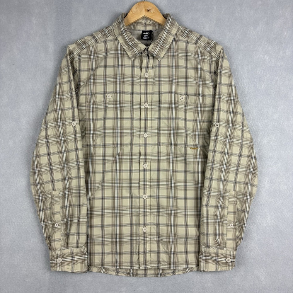 REI Sahara Long Sleeve Shirt Men’s Medium Beige Plaid Hiking Outdoors Vented